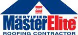 A blue and white logo for gaf certified master elite roofing contractor.