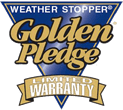 A logo for the weather stopper golden pledge.