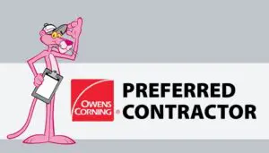 Pink cartoon character with clipboard and logo.