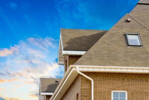 A brown house with white trim and blue sky