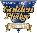 A logo for the weather stopper golden pledge.